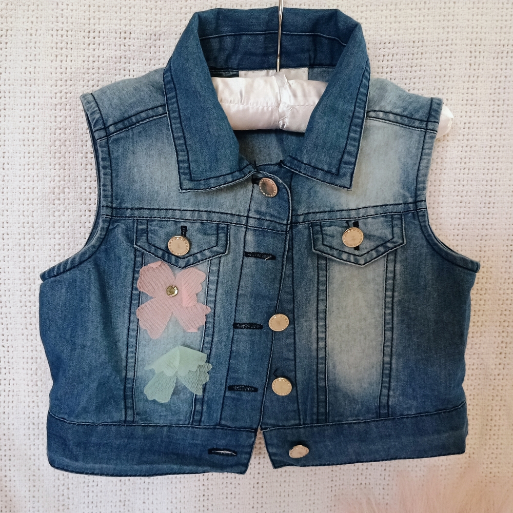 Rare Editions Blue Denim Vest with Pastel Floral Details